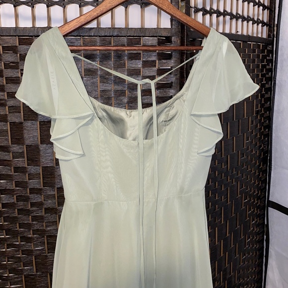 AZAZIE “Bondi” Pistachio A-Line Ruffled Chiffon Floor-Length Bridesmaid Dress - Picture 6 of 8